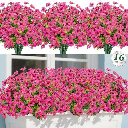 Image of Bassion 16 Bundles Artificial Flowers for Outdoors Fake Flowers, Fuschia | UV resistant, silk flowers, realistic faux plants for outdoor planter, window box porch patio garden home outside decor