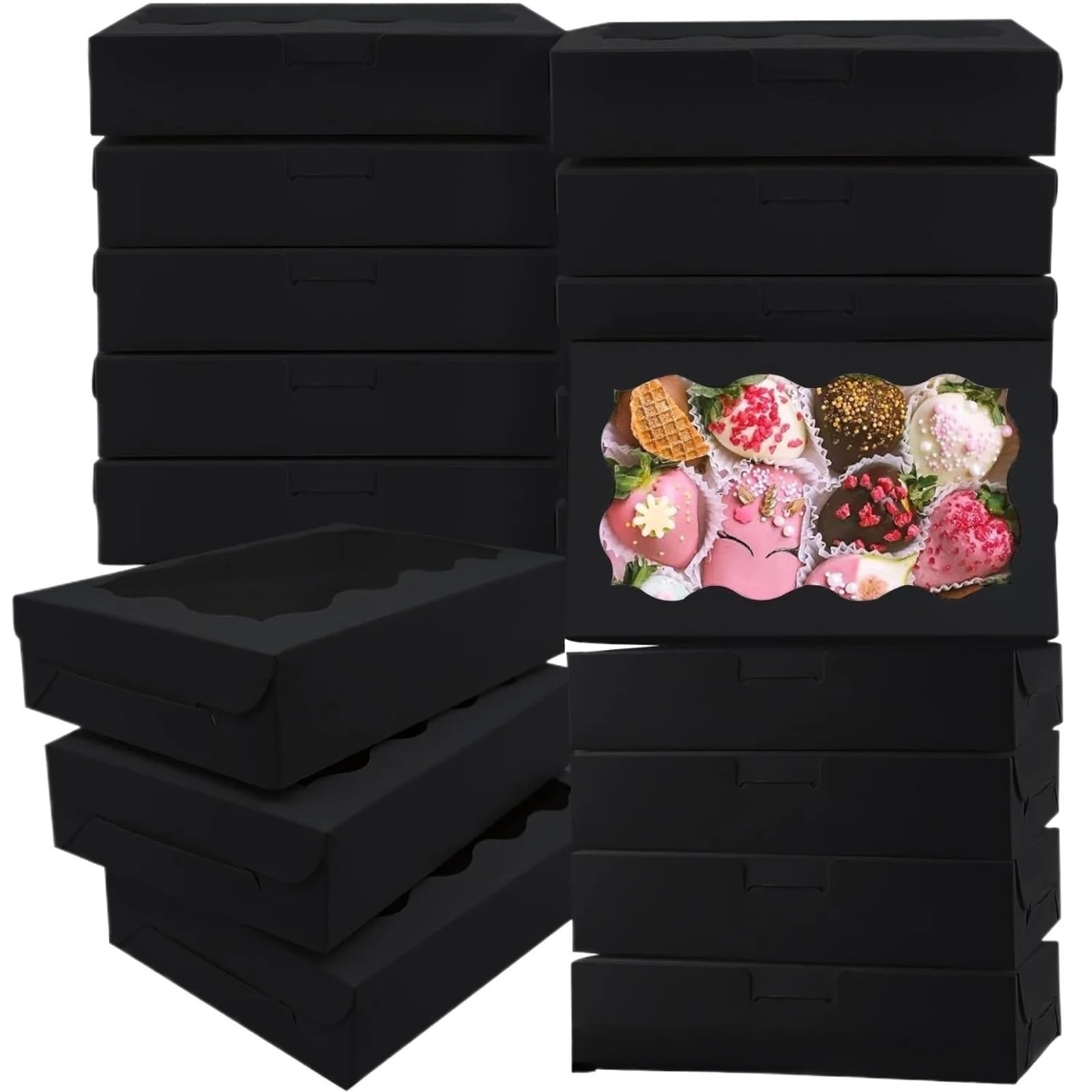 XPJYUA Bakery Boxes with Clear Window 24pcs White Window Pastry Boxes Rectangular Candy Cookie For Bakery Takeaway Party Favors(Black,135x70x50mm)