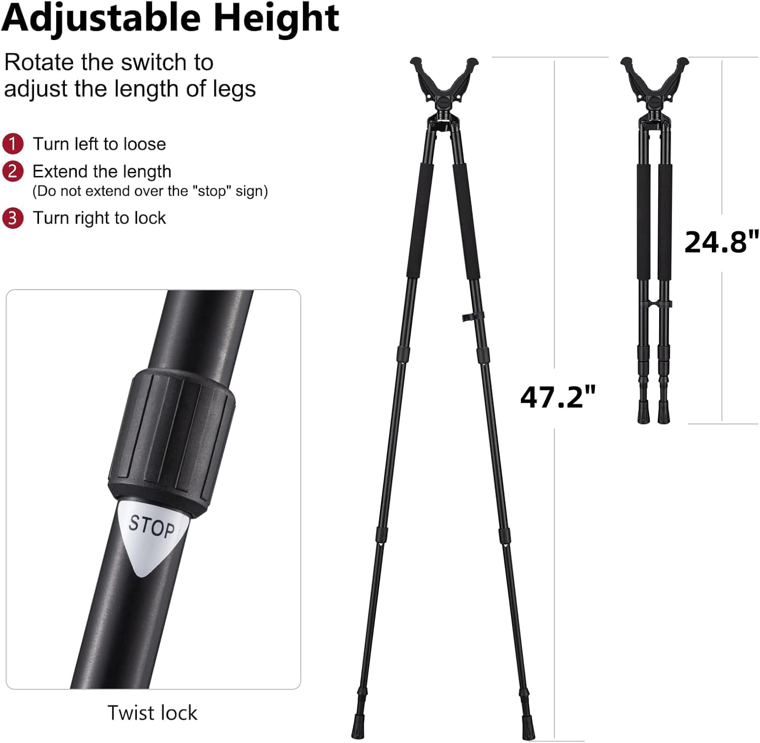 Hunting Bipod, Shooting Tripod, Adjustable Shooting Bipod with 360° V Yoke Rest, Twist Lock, Lightweight Aluminum Frame, High Density Foam Handle and Spike Feet