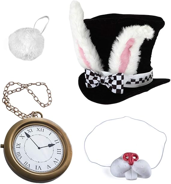 زي Tigerdoe White Rabbit - مجموعة 5 قطع بما في ذلك أزياء الأرنب والأرنب، مجموعة أوراق اللعب 4 قطع