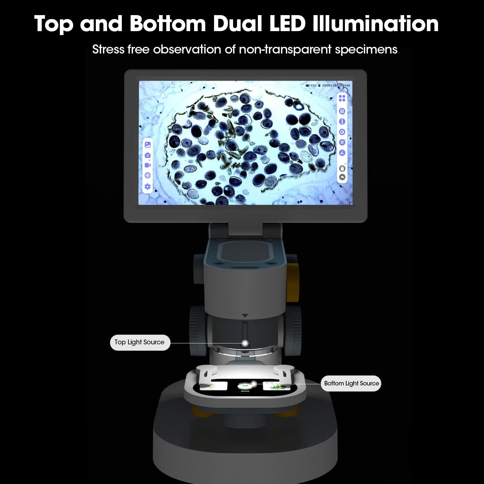 Hyuduo Microscopio Digital, Microscopio Biológico 1080P de 9 Pulgadas con Cuerpo de Aleación de PC ABS, Aumento de 100X a 1200X, Salida Tipo C, Batería de 3500 MAh para Estudio y Observación de