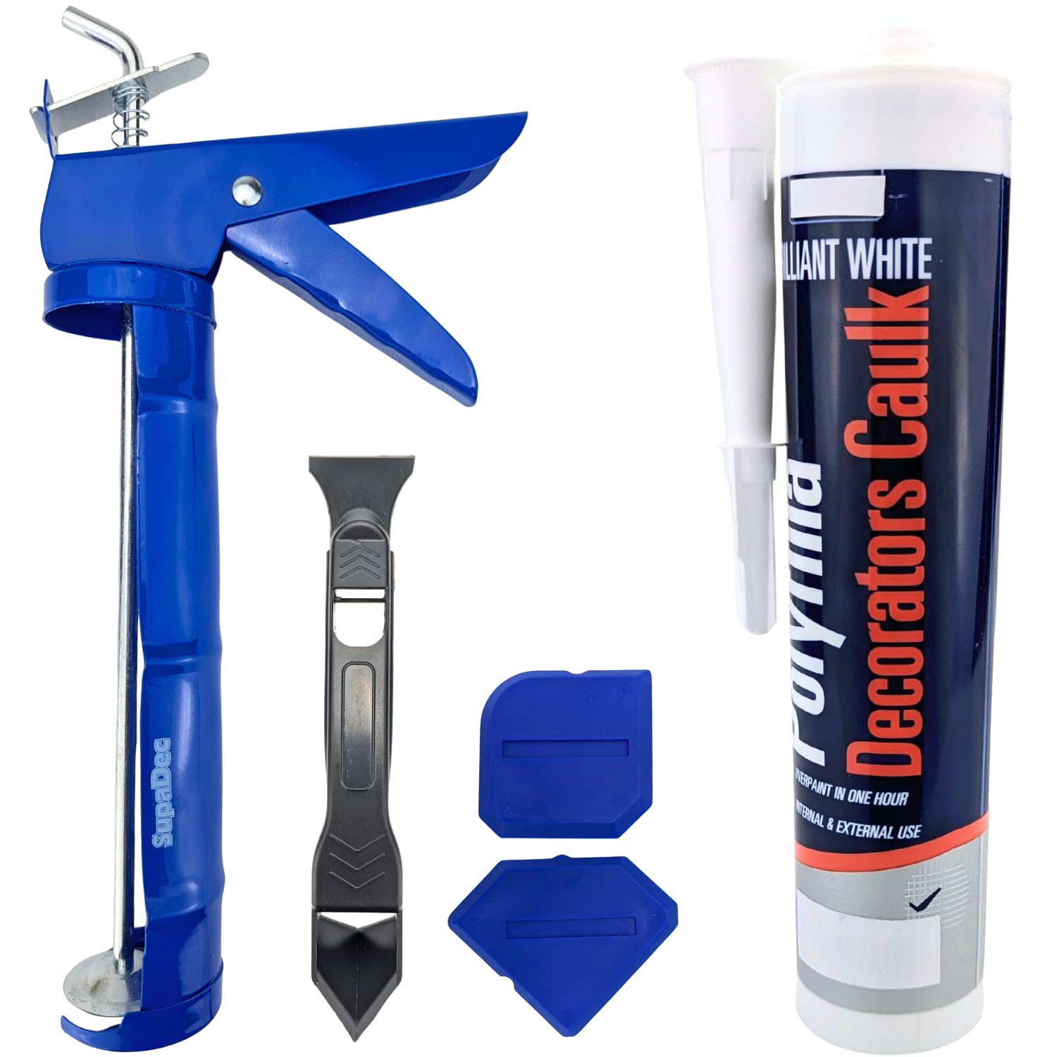 Decorators Caulk Kit – 1 x 290ml Brilliant White Paintable Acrylic Sealant with Caulking Gun, Sealant Scraper, 2 Smoothing Tools, Saver Cap & 2 Cloths
