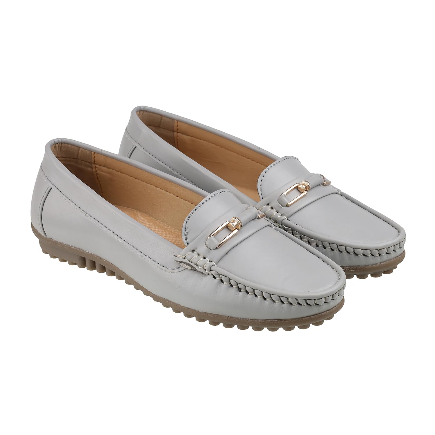 Loafer Shoes|Slip On Moccasins|Metallic Buckle Flats|Comfortable Fit|Grey|for Women-image-16