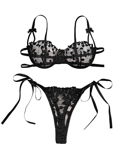 Lilosy Sexy Tie Side Cute Underwire Push Up Strappy Embroidered Mesh Sheer Lingerie Set - Large - Bow Black