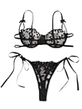 Sexy Tie Side Cute Underwire Push Up Strappy Embroidered Mesh Sheer Lingerie Set