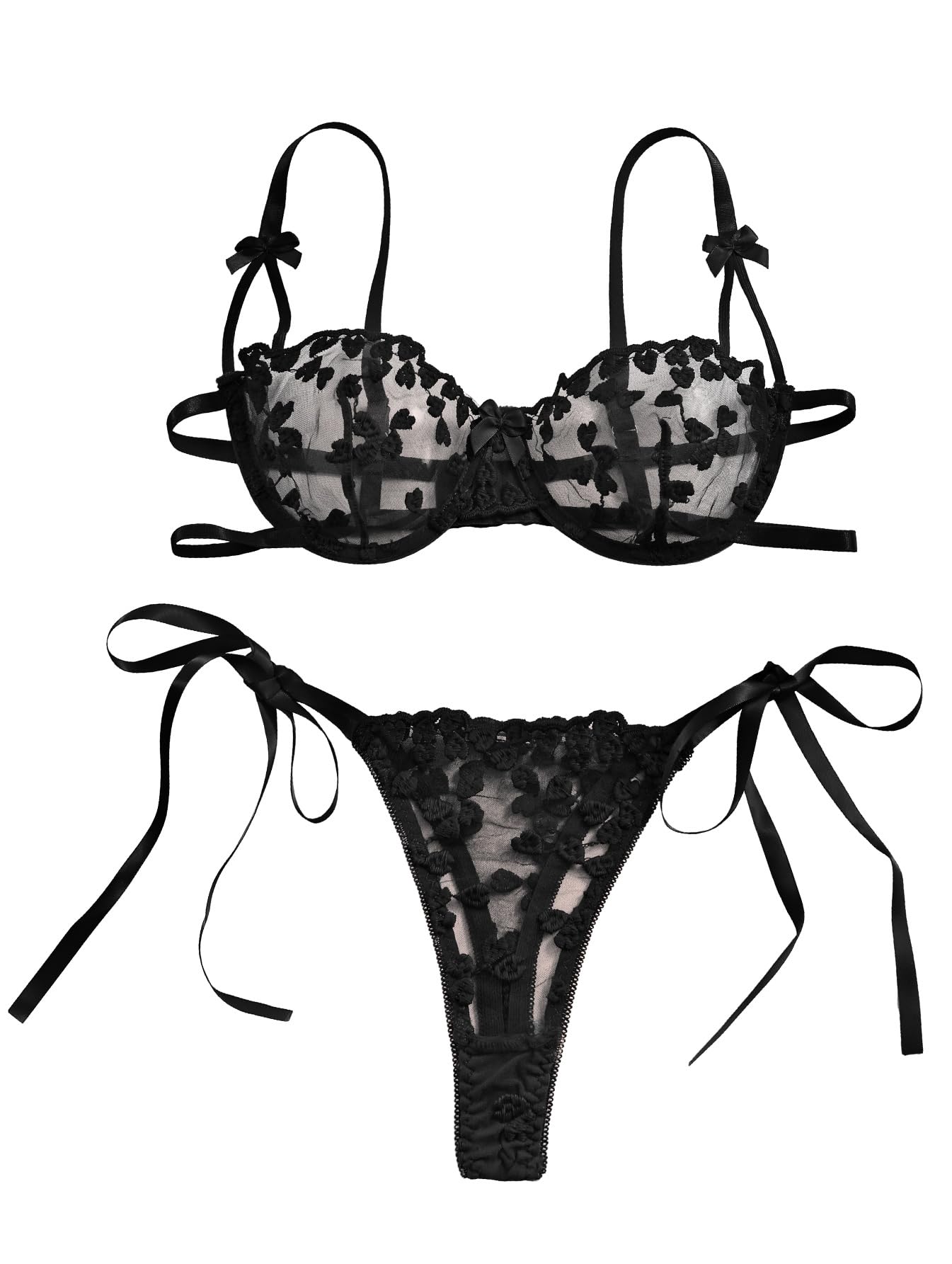 Lilosy Sexy Push-Up Underwire Lingerie Set — Sheer Embroidered Mesh, Strappy Tie‑Side for Date Night/Honeymoon