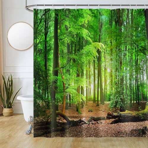 Uiiooazy Forest Shower Curtain, Green Leaves Sunrise Nature Scenery Bath Curtain Mildew and Mould Resistant Waterproof Polyester Fabric Washable Opaque Bathroom Curtain Set with 12 Hooks 240Wx180Hcm