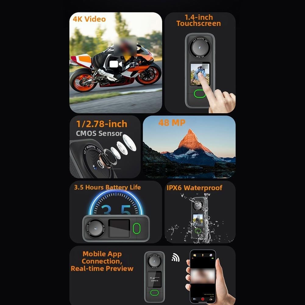 Grandangolo compatto 4K Sports Camera ABS corpo | Video 4K 30fps, touch screen intuitivo, formato tascabile compatto, condivisione WiFi, obiettivo grandangolare