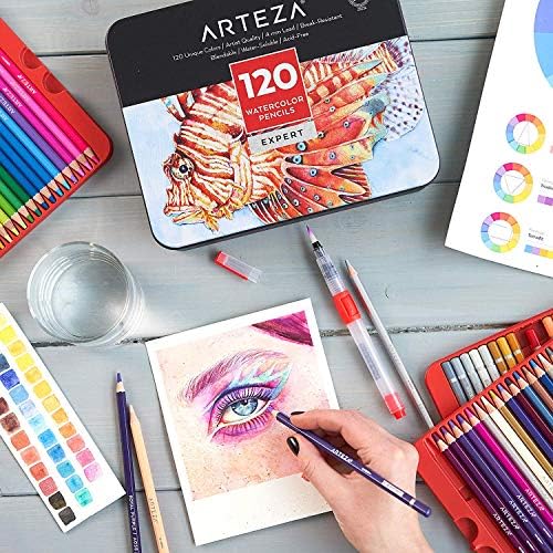 ARTEZA Watercolour Pencils, Pro-Series, Set of 120 Colouring Pencils for Adults, 4-mm Lead, Water-Soluble, Blendable, for Colouring Books and Drawing