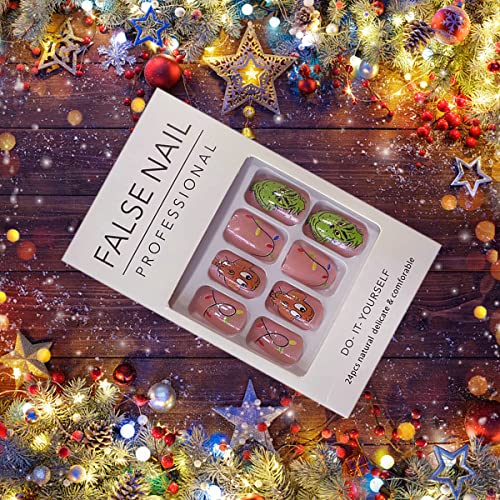 Christmas Press On Nails Short Square Christmas Fake Nails With Glitter Full Cover Pink Acrylic Nails Cartoon Glue On Nails Coffin Press On Artificial False Nails For Women Girls 24Pcs #TOP2