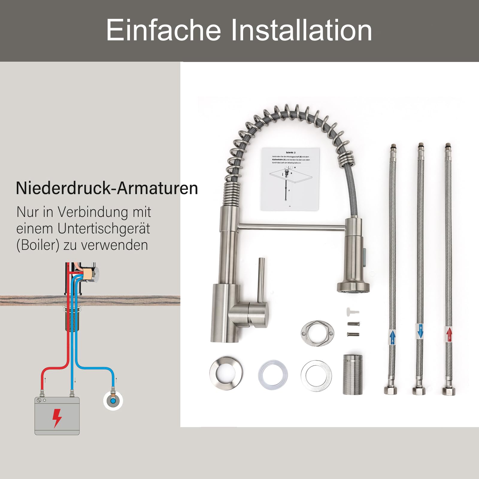 Wasserhahn Küche Niederdruck Küchenarmatur Niederdruckarmatur mit 2 Wasserstrahl, Armatur für Boiler/Untertischgeräte, 360° schwenkbar, Einhand-Mischbatterie, Spültischarmatur für Küchespüle