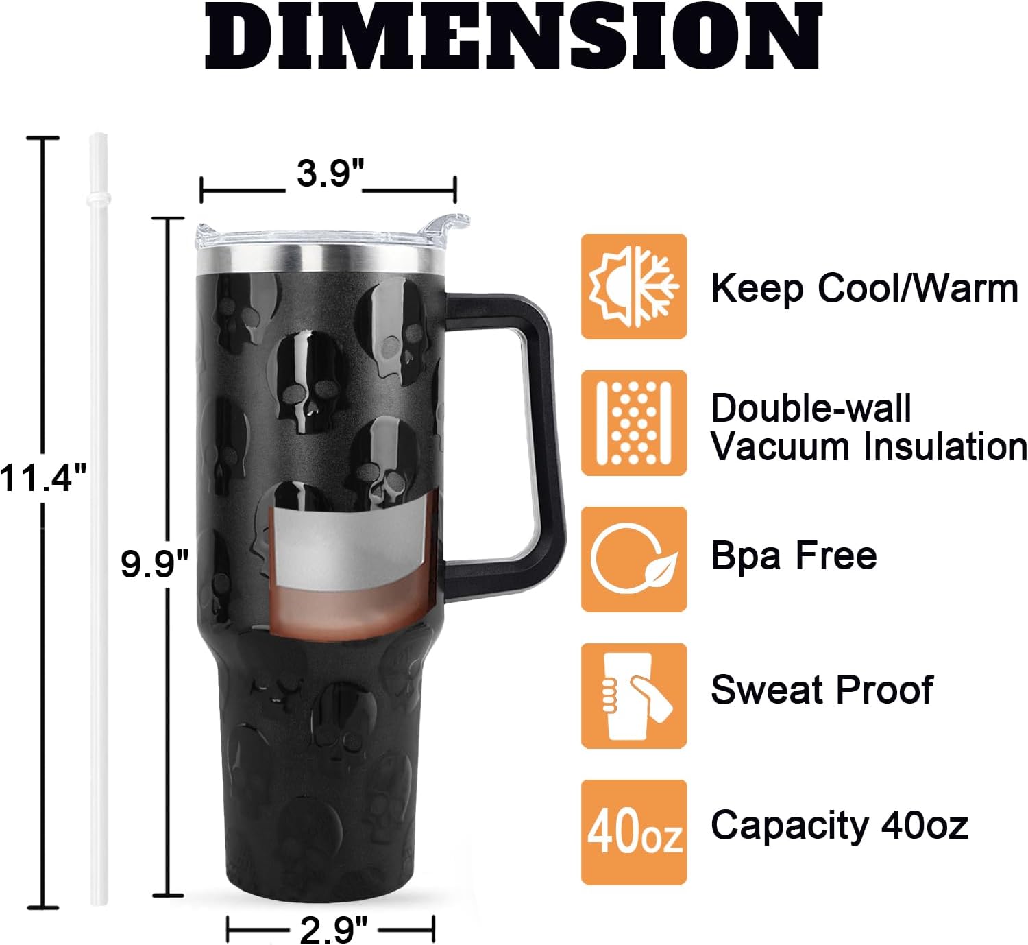 Goth Gifts Goth Tumbler Halloween Tumbler 40 Oz 3d-Printed Skull Gifts Cup For Women Men Spooky Skeleton Travel Mug with Handle Lid and Straw - Image 4