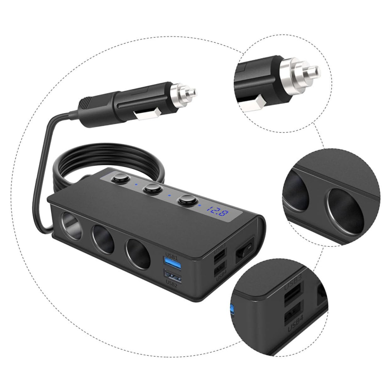 DOITOOL Cargador de Coche 180w 4 Puertos USB y 3 Tomas de Corriente Continua, Adaptador para Encendedor, Interruptor Independiente y Voltímetro para Coche
