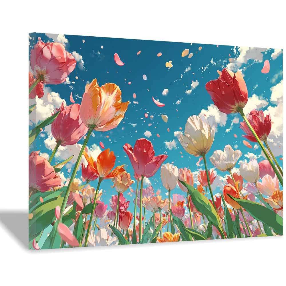 Xeniou Multicolor Flowers Wall Canvas Vibrantes Tulip Blooming Canvas Wall Art, For Living Room Bedroom Home Wall Decoration(Multicolor)-70X100cm Framed