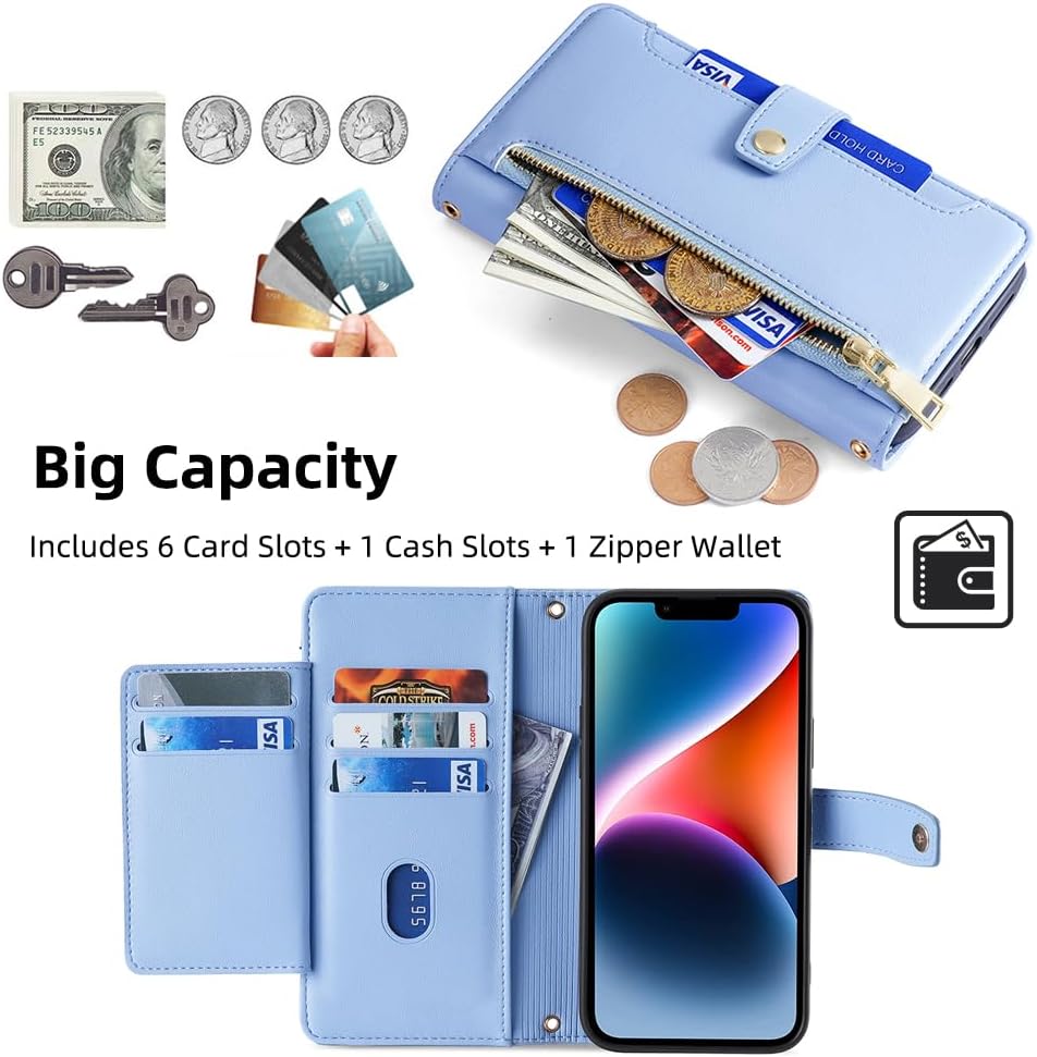 Wallet Case for Nokia C12/Nokia C12 Plus/Nokia C12 Pro Flip Phone Case with Crossbody Strap Magnetic Handbag Zipper Pocket PU Leather Shockproof with Kickstand Phone Shell Blue