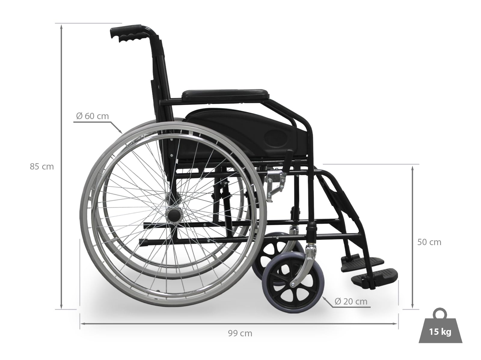 WELLCORE Silla de ruedas plegable para traslado, Estructura de acero, Ligera y Compacta, Ruedas macizas, Frenos de maneta, Respaldo abatible, Ancho asiento 46 cm, Hasta 100 kg