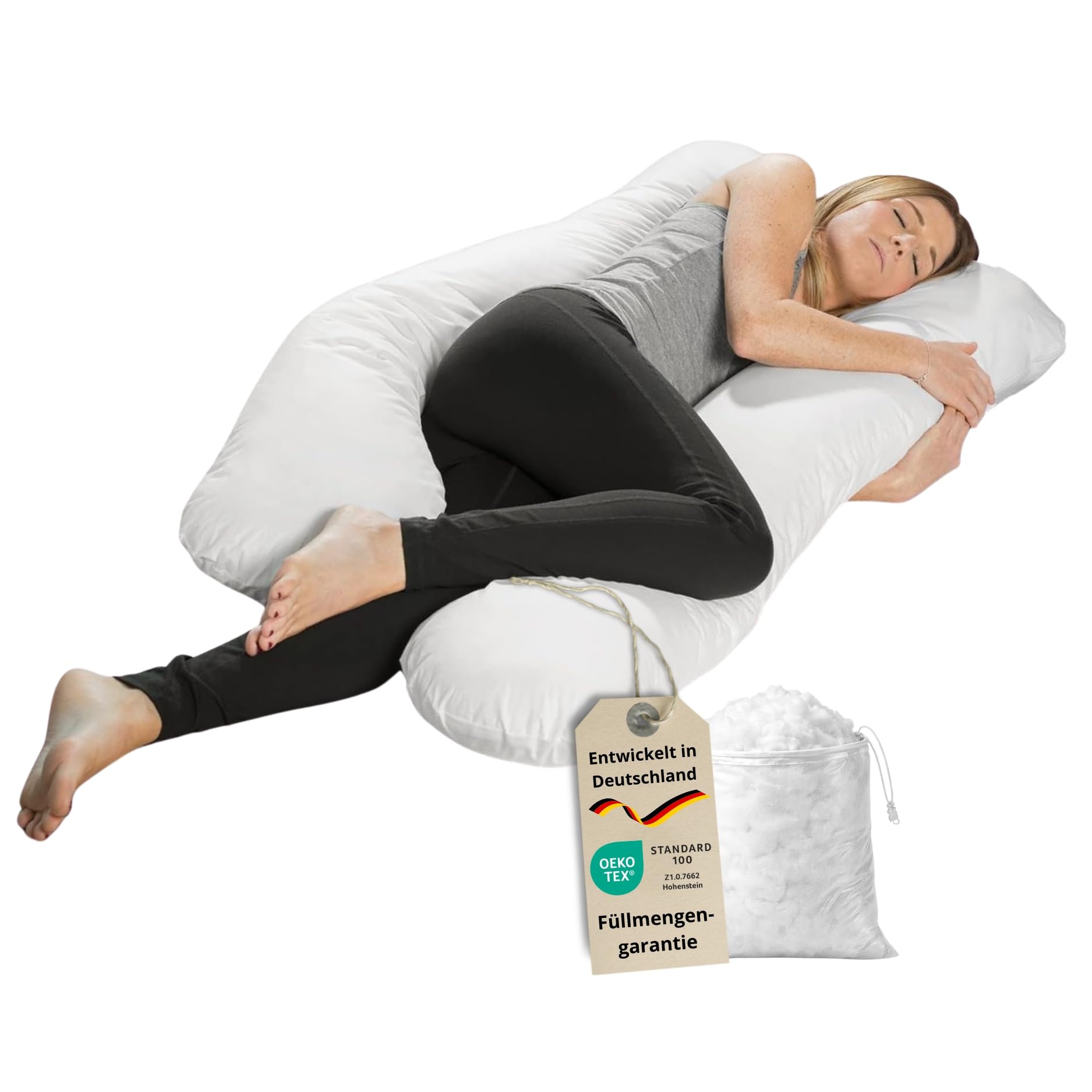 sleepling 194496 Oreiller de Corps | Coussin de Grossesse | Oreiller de Couchage latéral | 100% Coton | Lavable à 60 degrés | Ökotex 100 | Fabriqué en UE | 140 x 75 x 20 cm, Blanc