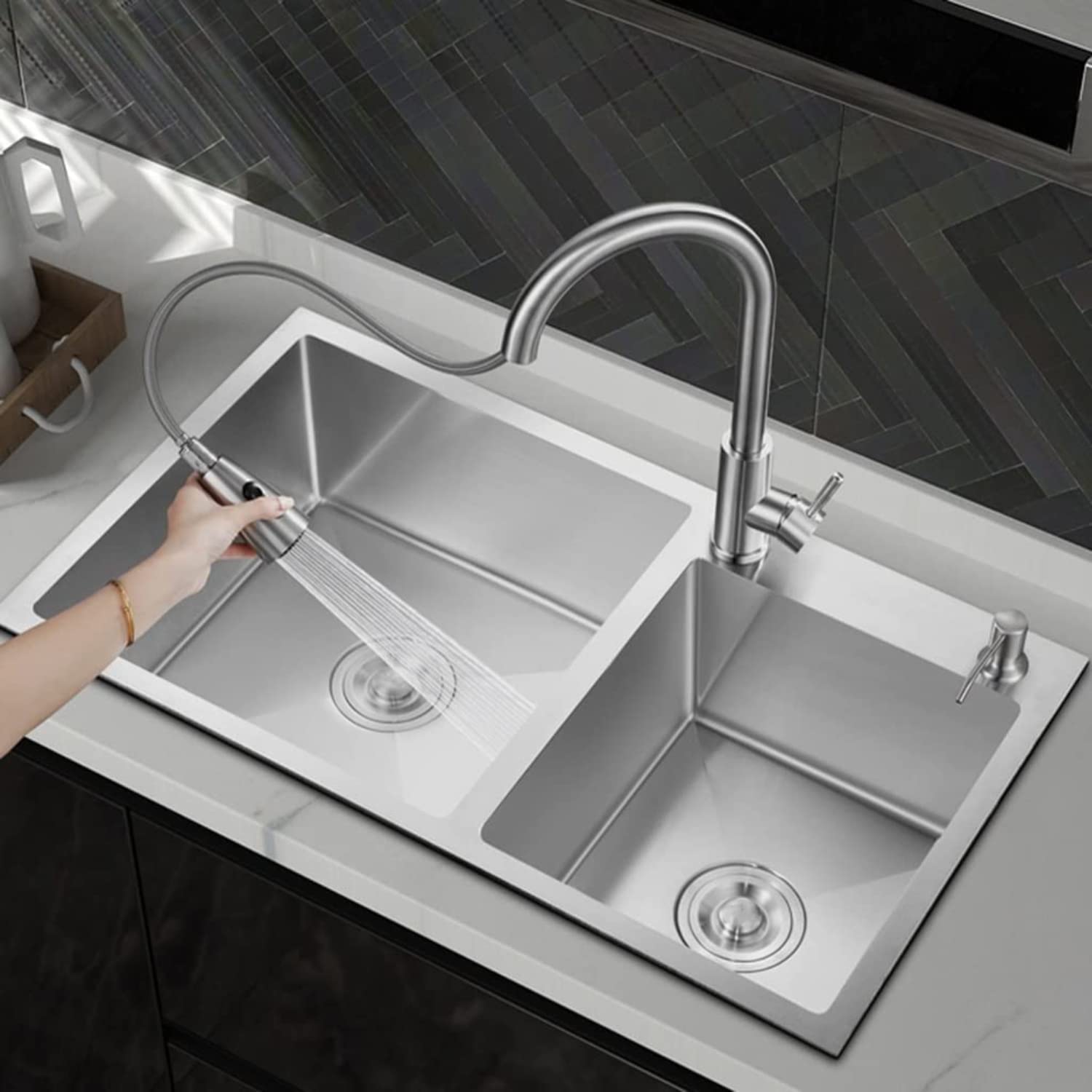 Lavello da Cucina in Acciaio Inox Fatto a Mano con 2 Fori Doppio Lavello con kit di scarico e filtro cestello, 78 * 43 * 20cm (Argento)