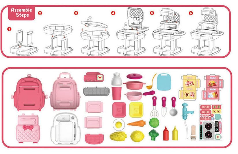 Image of 34 Piece School Bag Packing Pretend Play Cooking Game Kitchen Set Toy for Kids Girls | Modern Chef Kitchen Playset with Accessories | Portable Kitchen Role Play Toy (Chef Kitchen Pink)