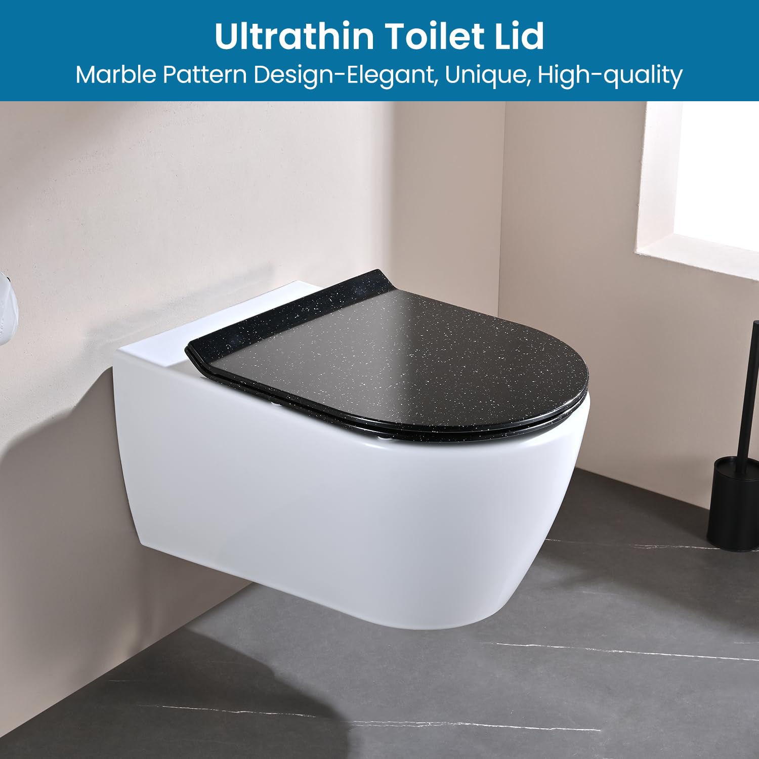Toilettendeckel mit Absenkautomatik D Form, Slim WC Sitz [KURZ], Klodeckel Duroplast, Klobrille Softclose, WC Deckel mit Schnellverschluss, Toilettensitz Schwarz Marmor, 42.5 x 36.2CM
