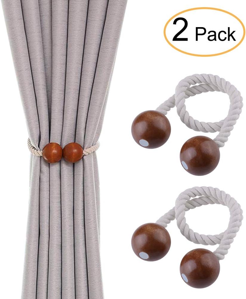Magnetic Curtain Tiebacks Curtain Clips Rope Holdbacks Curtain Holder Buckles 2pcs, Wood Bead Weaving Rope Home Office Hotel Window Decoration (Brown Color)
