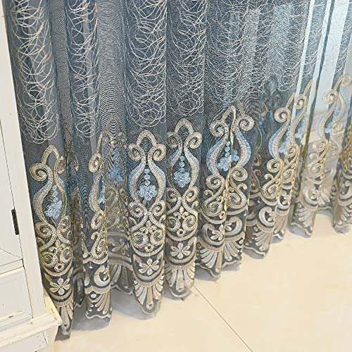 Amidoudou European Jacquard Sheer Curtains, Embroidered Tulle, Luxury Translucent, Blue Grey, 51x102 Inch, Pack of 2, Living Room, Bedroom
