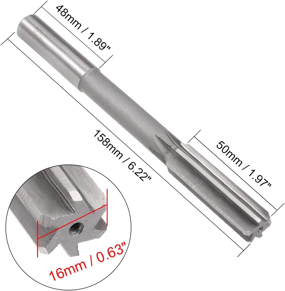 uxcell Chucking Reamer 16mm, H7 HSS Lathe Machine Reamer 6 Straight Flutes, Round Shank Milling Cutting Tool, Metric Reaming Drill Bit for Stainless Steel Metal Hole
