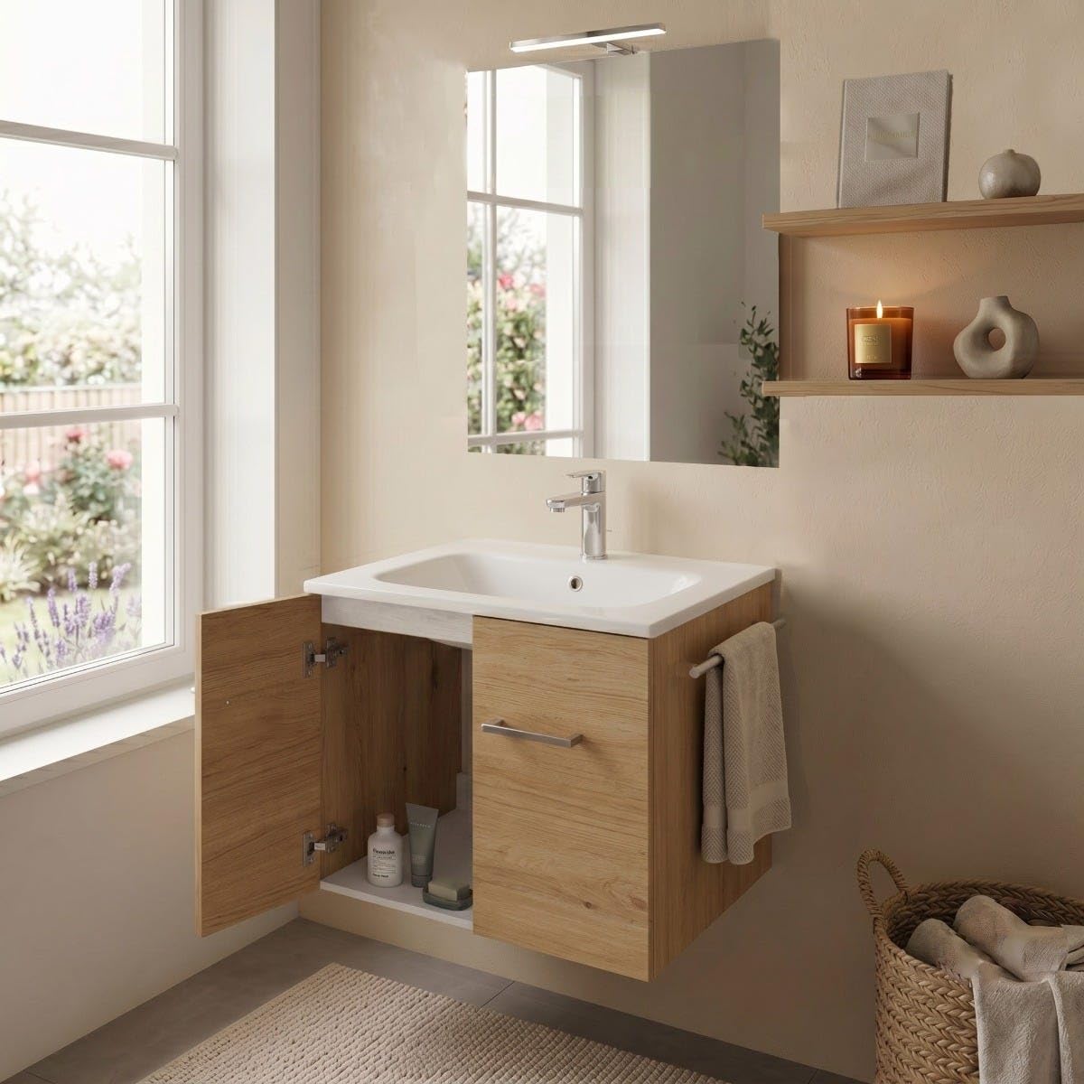 Kiamami Valentina - Mobile Bagno Sospeso Rovere Artisan 60 cm con Lavabo in Ceramica, Specchio 60x80 e Lampada, 2 Ante, Profondità 36 cm, Da assemblare.