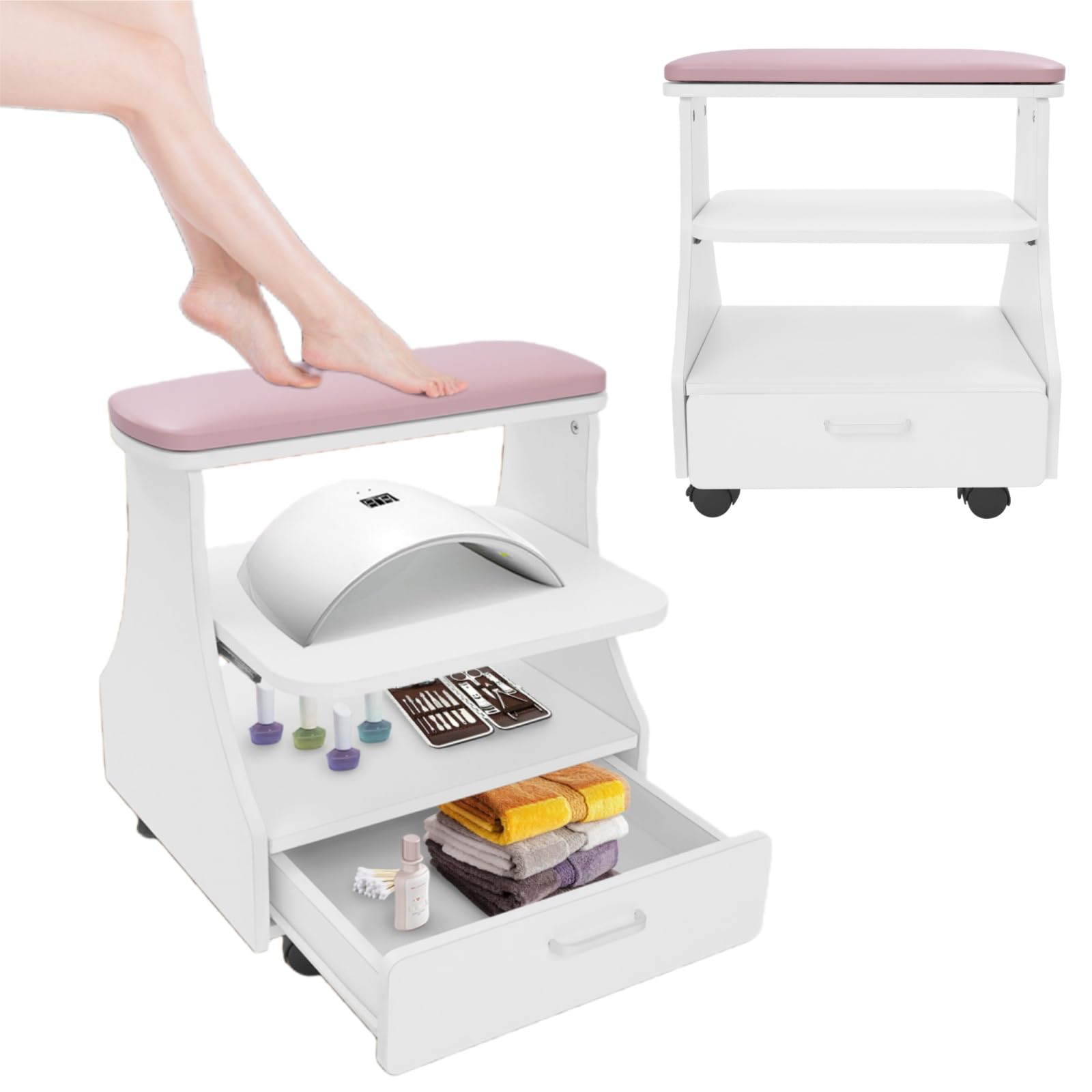 3-stopniowy wózek do manicure, kąpiel stóp, spa, wózek na kółkach z szufladami i 4 uniwersalnymi rolkami, wózek do manicure, do pielęgnacji stóp o nośności 50 kg, do masażu pedicure, 52 x 41 x