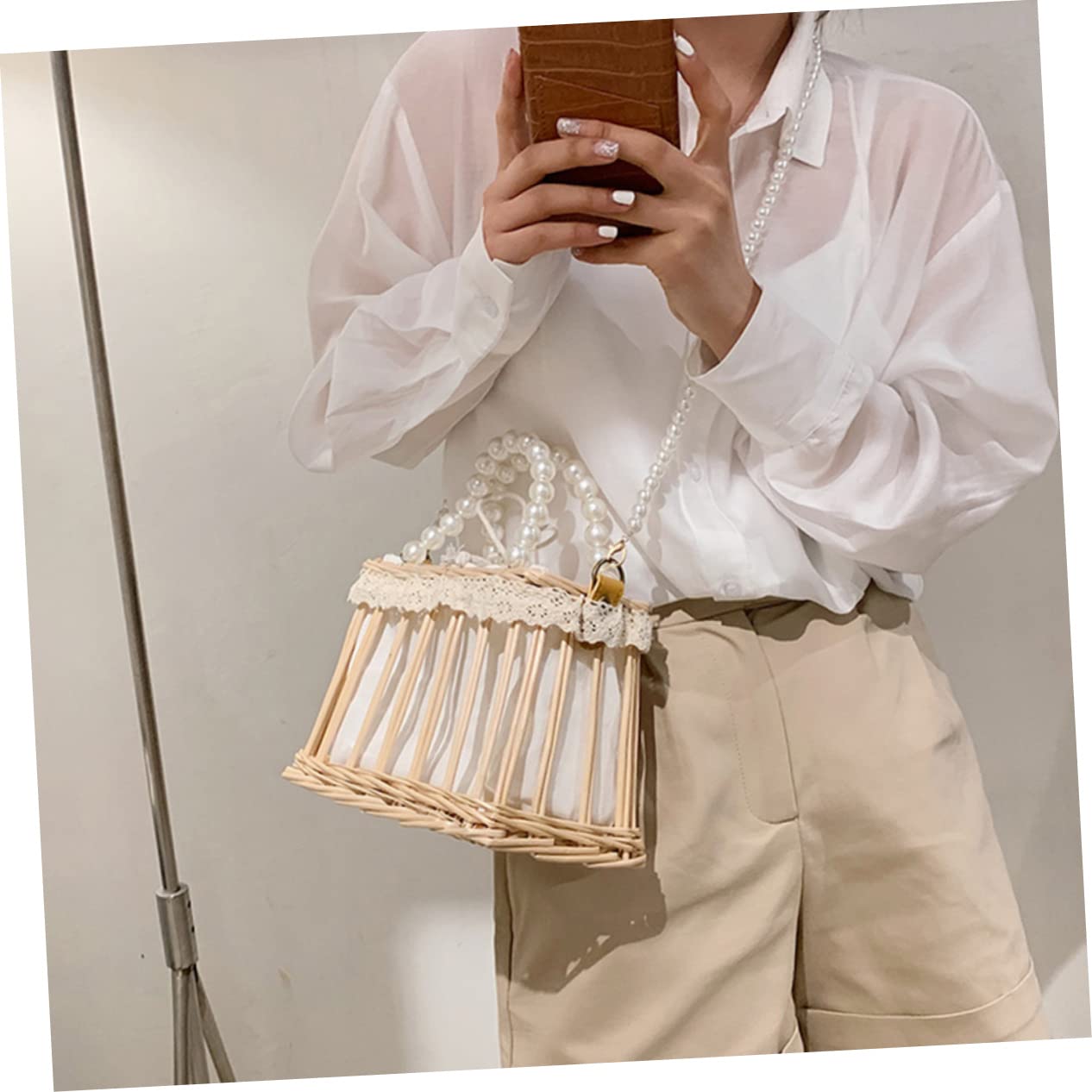 Borsa a Tracolla Quadrata in Paglia con Decorazioni Perlati, Portatile