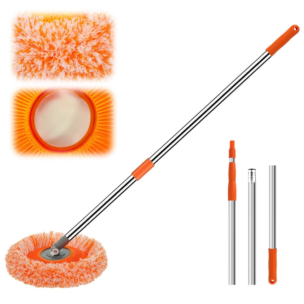 Trapeador de limpieza ajustable giratorio de 360°, mopa de limpieza de pared extensible con mango largo, fregona giratoria multifuncional para el hogar, para pared, techo, ventana, piso (naranja, 55