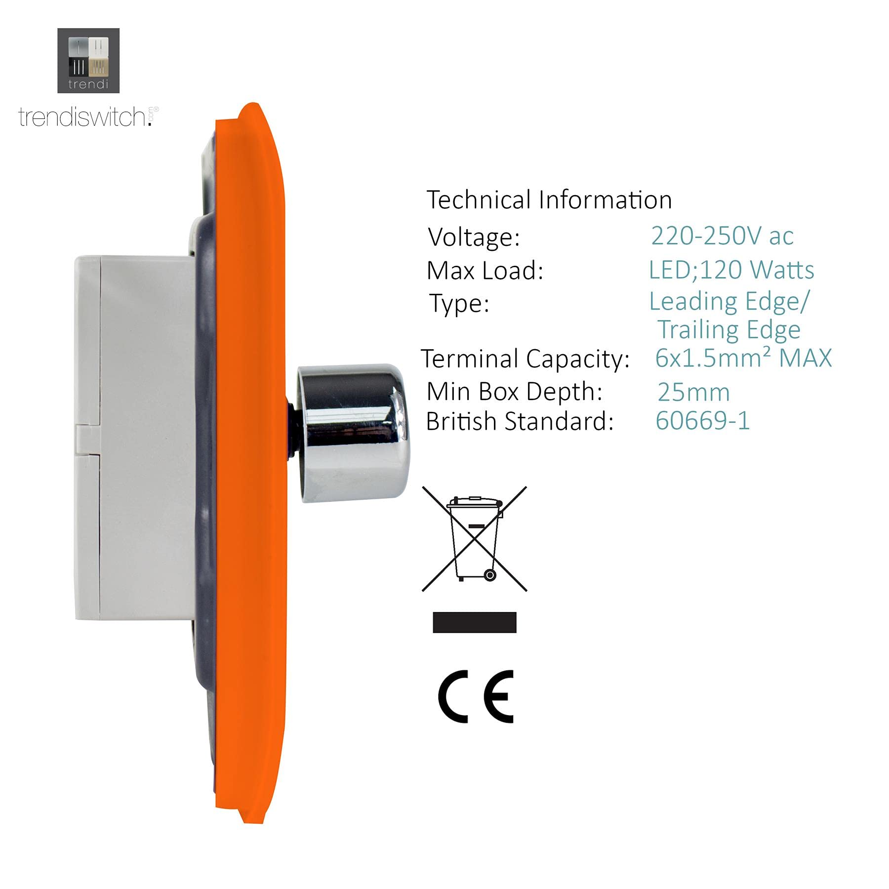 Trendi Artistic Modern Glossy Tactile 2 Gang 2 Way 120w LED Dimmer switch Orange - Image 3