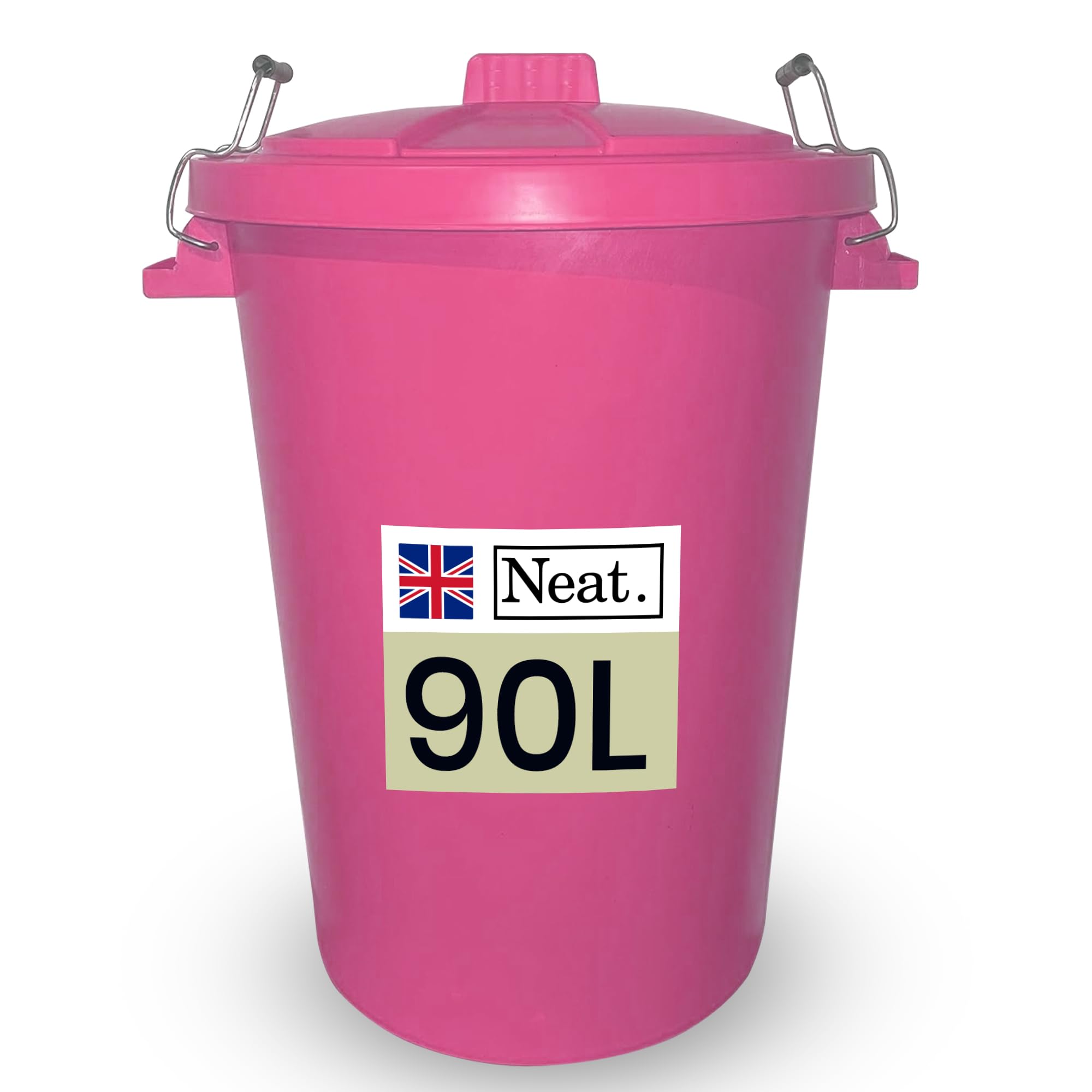Neat. 90L Large Plastic Bin With Metal Handle and Lid for Easy Refusal, Heavy Duty Kitchen Dustbin for Indoor Outdoor Waste Storage or Animal Feed, Pink-1Pack