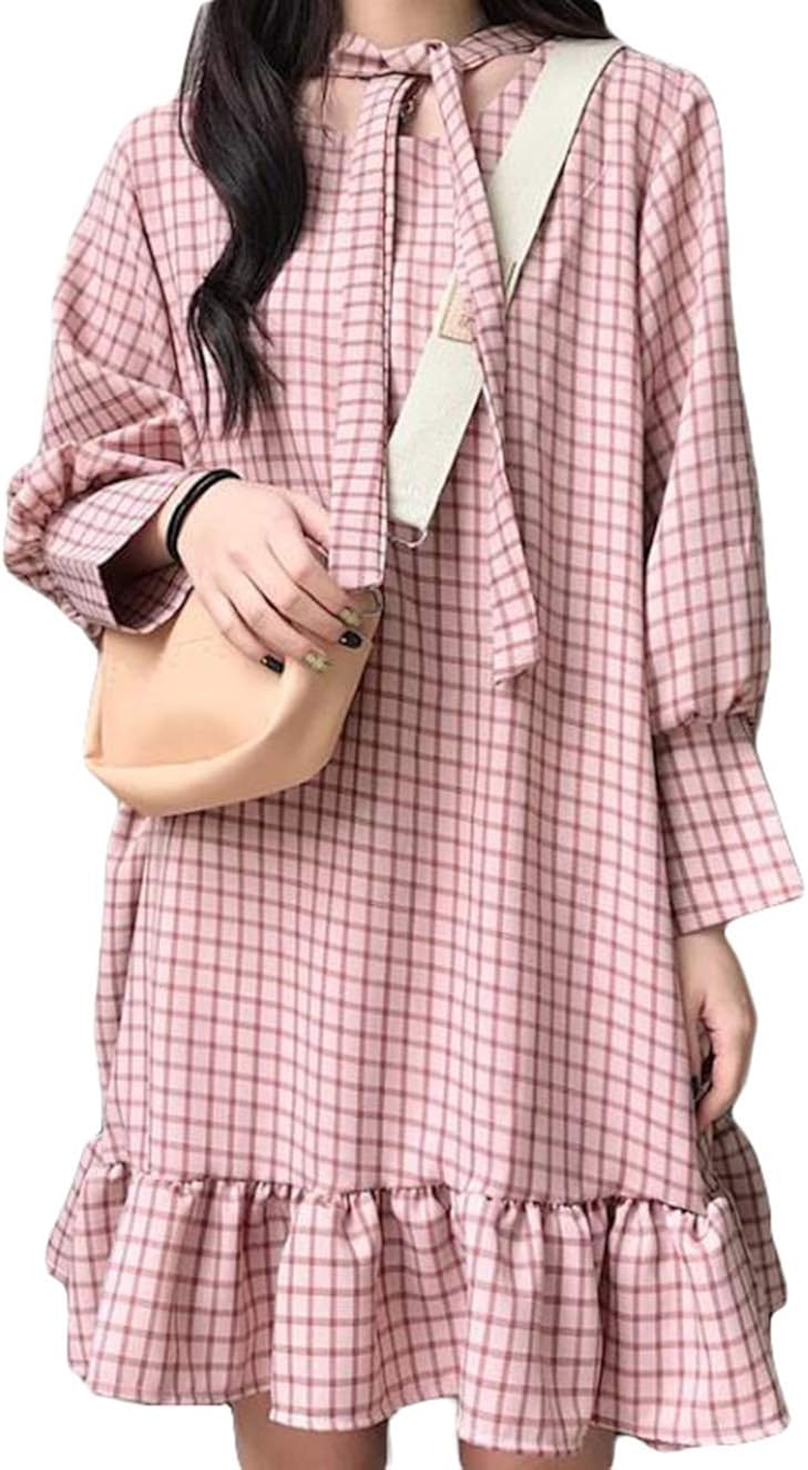 Zhongjue ジュージェン チェックワンピース レディース ゆったり フレアワンピース チェック柄 ファッションワンピース 長袖 カジュアル おしゃれ フリル