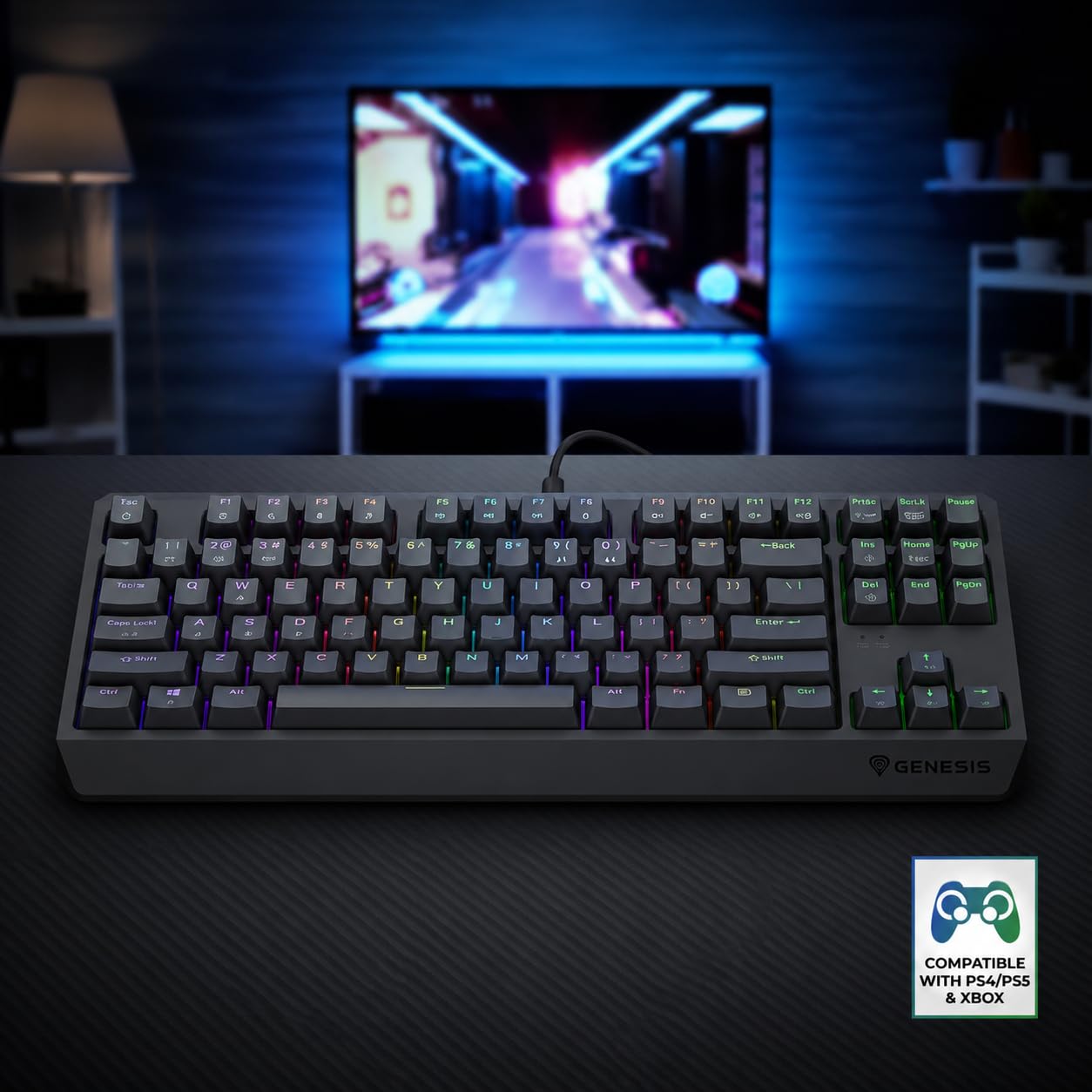 Genesis Thor 230 TKL Klawiatura Mechaniczna Hot-Swap RGB, z niemieckim układem QWERTZ, N-Key Rollover, Double Injection Keycaps, USB, Kompaktowa Gamingowa Klawiatura TKL do PC, Czarna,
