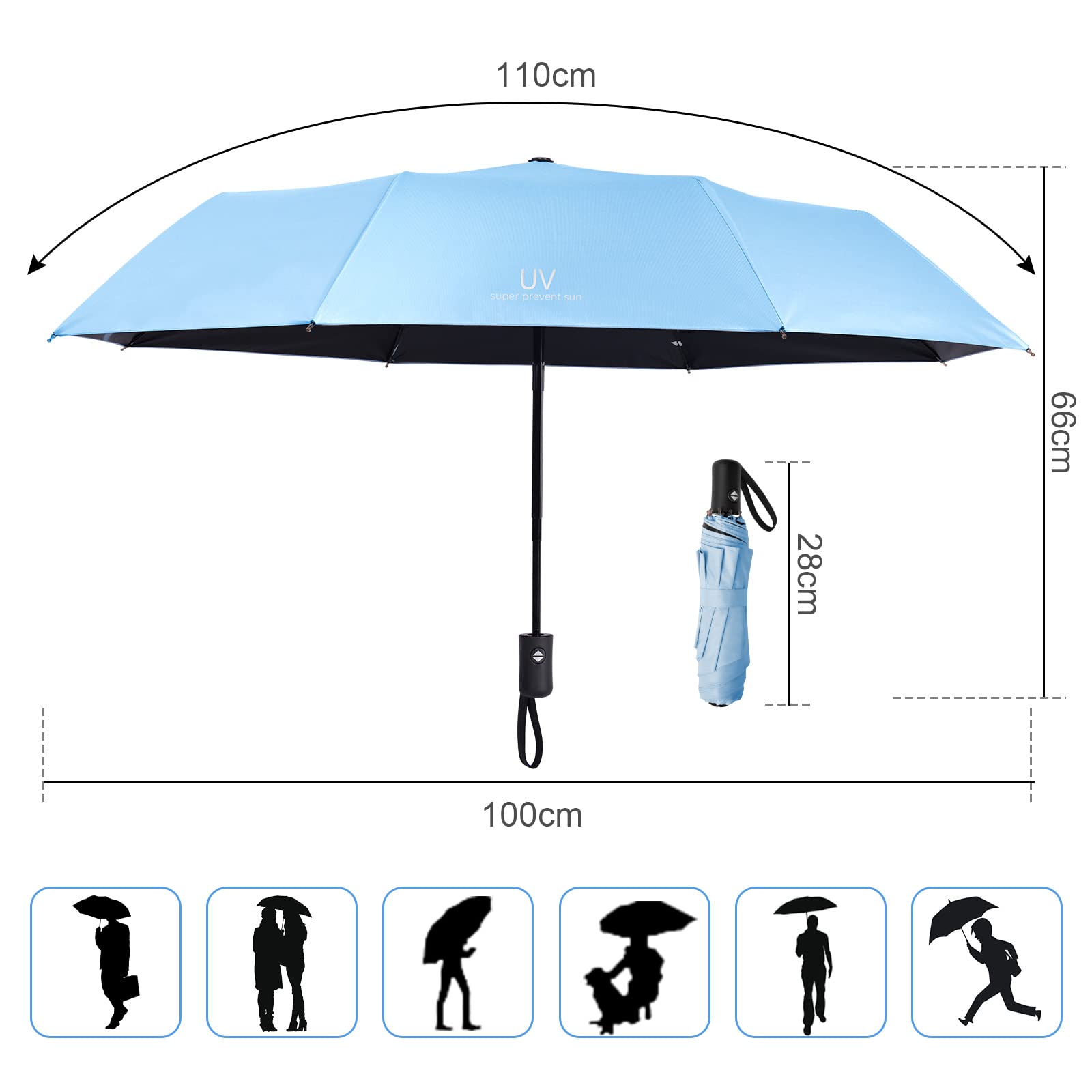 Vicloon Ombrello Portatile - Ombrello Pieghevole Compatto con 8 Nervature in Lega di Alluminio, Viaggio Ombrello Anti-tempesta Rivestimento in Teflon 210T, UPF>50+ Ombrello da Sole/Pioggia