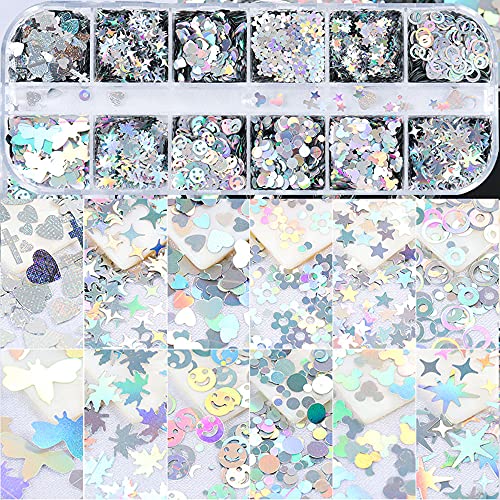 Silver Laser Nail Art Glitter 3D Holographic Sparky Star Flower Nail Sequins Mixed Size Glitters Hollow Circle Cross Heart Dragonfly Flakes Acrylic Nail Supplies Decoration Diy Accessories For Women #TOP1