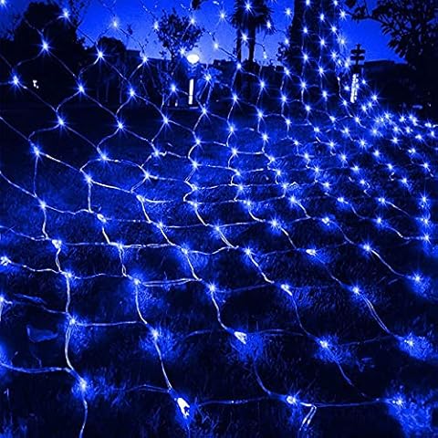 Abkshine 100 LED Battery Powered Blue Net String Lights, 1.5M x 1.5M Outdoor Garden Mesh Fairy Lights with Remote & Timer, Waterproof for Indoor Outdoor Christmas Decorations Cover