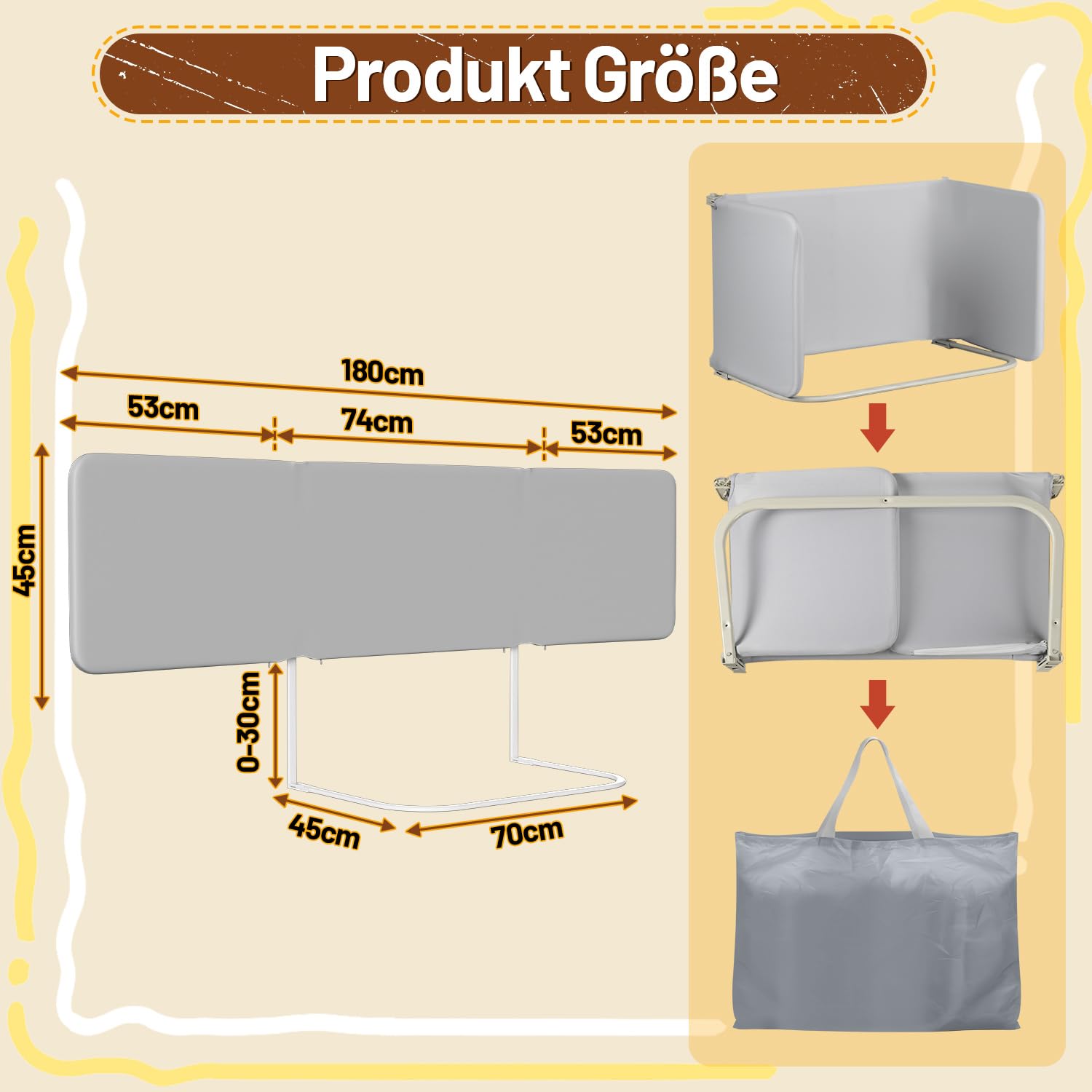 Rausfallschutz Bett 180cm, Tragbare Bettgitter Höhenverstellbar | Klappbares Bettgitter mit 2 Sicherheitsgurten und Tasche für Kinderbett, Elternbett und Boxspringbett, Werkzeuglose Montage