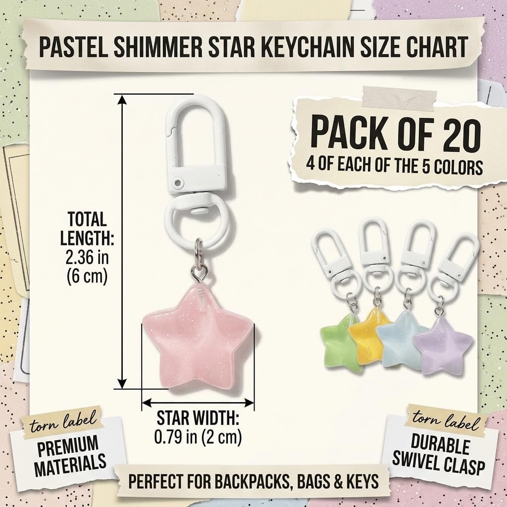 20PCS Glitter Chubby Star Keychains Bulk, Acrylic Star Keychain Charms image 2
