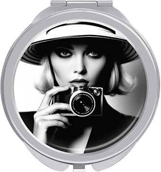 Fashion Camera Woman Photo Compact Mirror Black and White Aesthetic Women Pocket Mirror,Girls Small Mirror for Purse, Portable Travel Makeup Mini Mirror 1x/2x Magnifying Compact Mirror