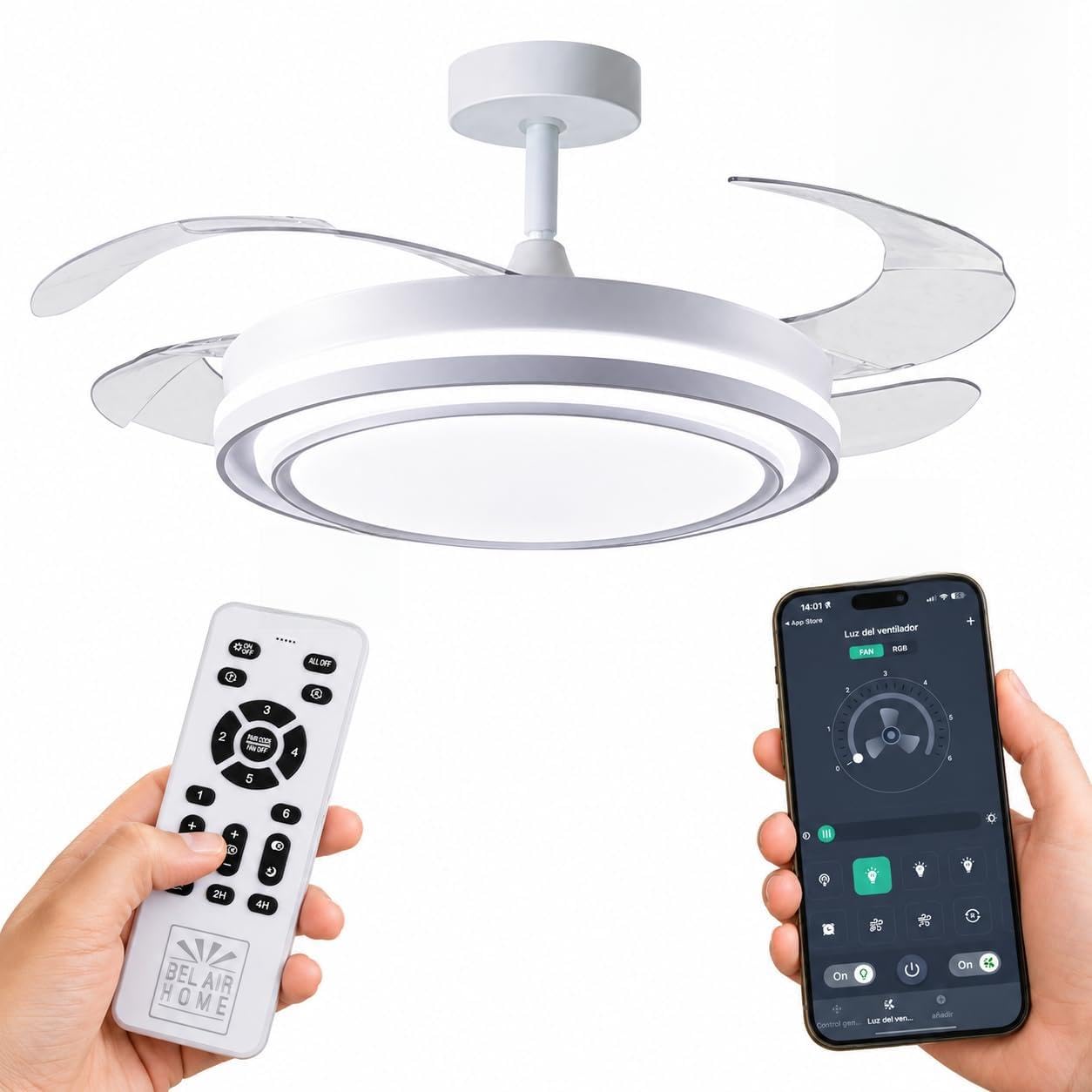 BEL AIR HOME Ventilateur de Plafond Selene Moteur DC Pales Dépliantes Lumière LED 36 W 3000K/4000K/6500K Télécommande Design Moderne Blanc 50 x 50 x 35 cm