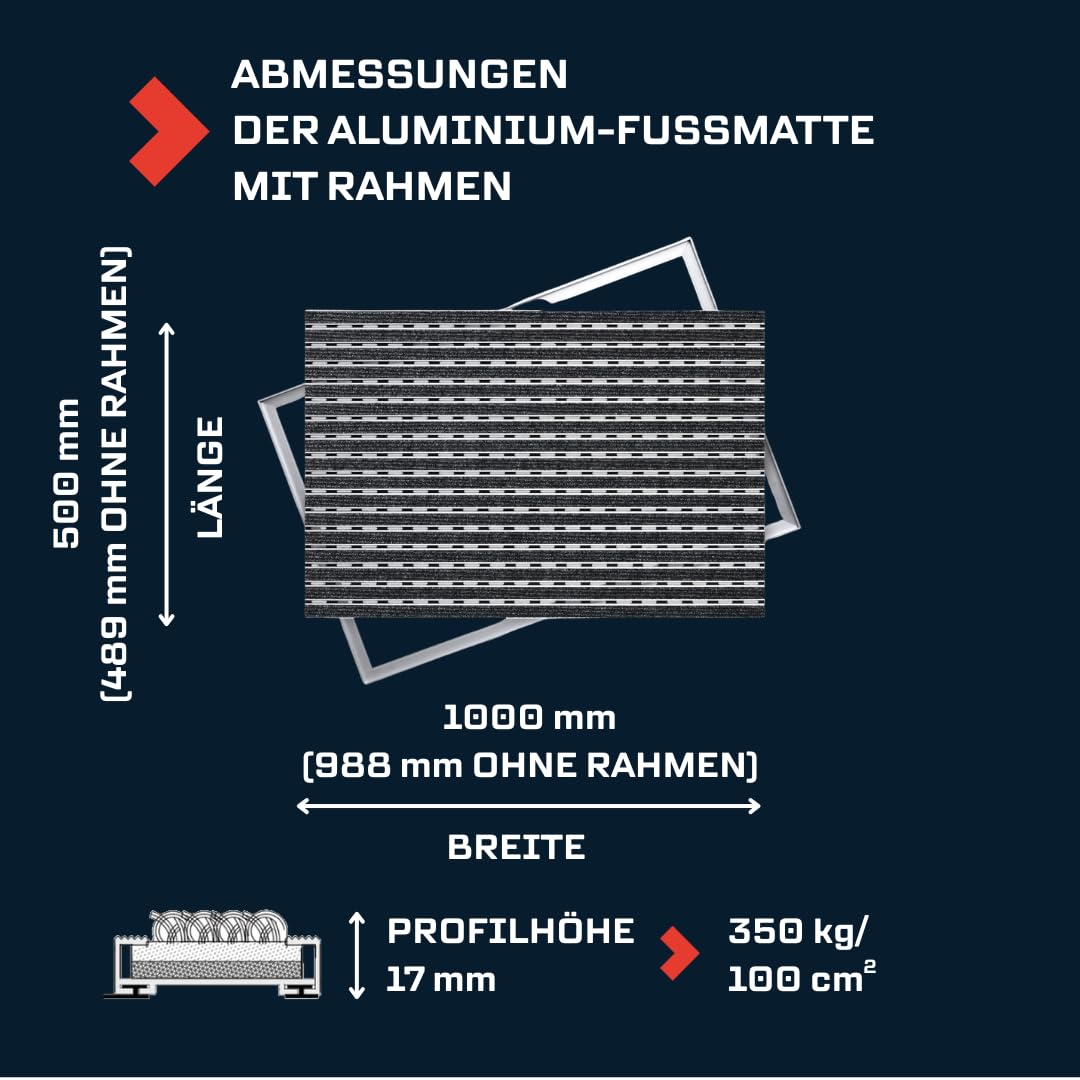 Aluminium-Fußmatte für Türen mit Rahmen 100x50 cm, verstärkt 17 mm, Textil, objektgeeignete Eingangsmatte für Innen, trocknend, Rips Anthrazit, rutschfest