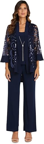 R&M Richards Traje de 3 piezas con encaje de lentejuelas para mujer con collar