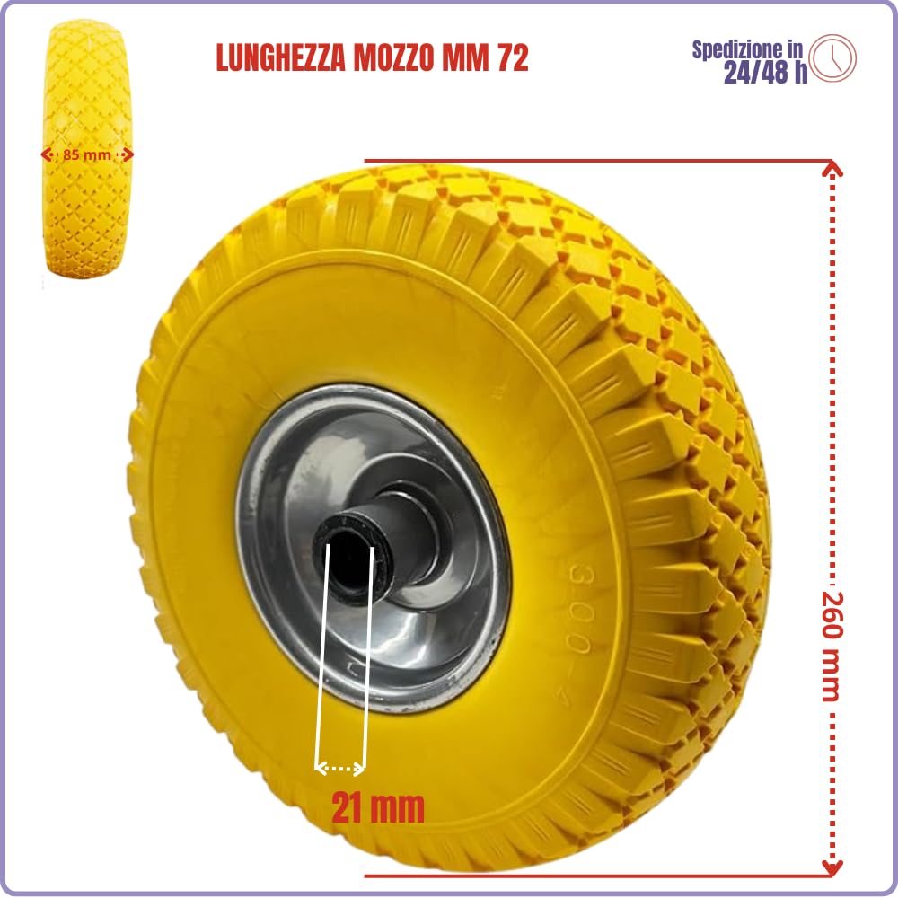 Coppia di 2 Ruote Antiforatura Piena in Gomma 3.00-4 (260x85 mm) per Carrello Porta pacchi – Foro 20 mm carichi pesanti cerchio in metallo