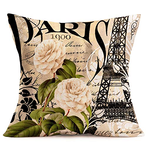 Xihomeli Set Of 2 Throw Pillow Cushion Cover Paris Eiffel Tower Symbols With Floral Camellia Decorative Pillow Cases For Romantic Couple Gift Cotton Linen Pillow Cover 18" X 18" (2 Pack Tower Flower) #TOP2