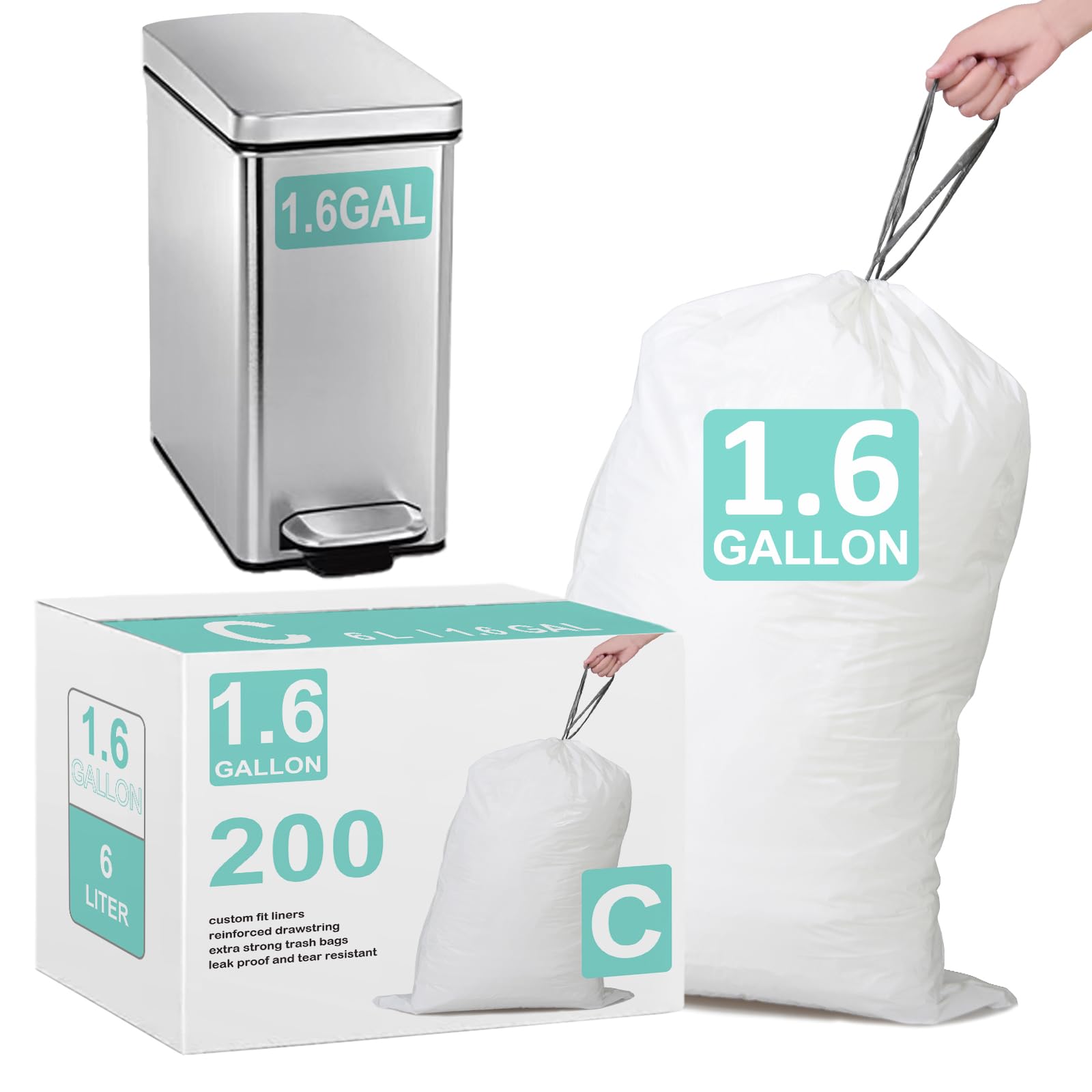 Photo 1 of 1.6 Gallon Code C 200 Count Heavy Duty Trash Bags Perfect Fit 10-12 Liter with Reinforced Drawstring Compatible with simpleman Code C White Garbage Liners Leak-Proof & Tear Resistant