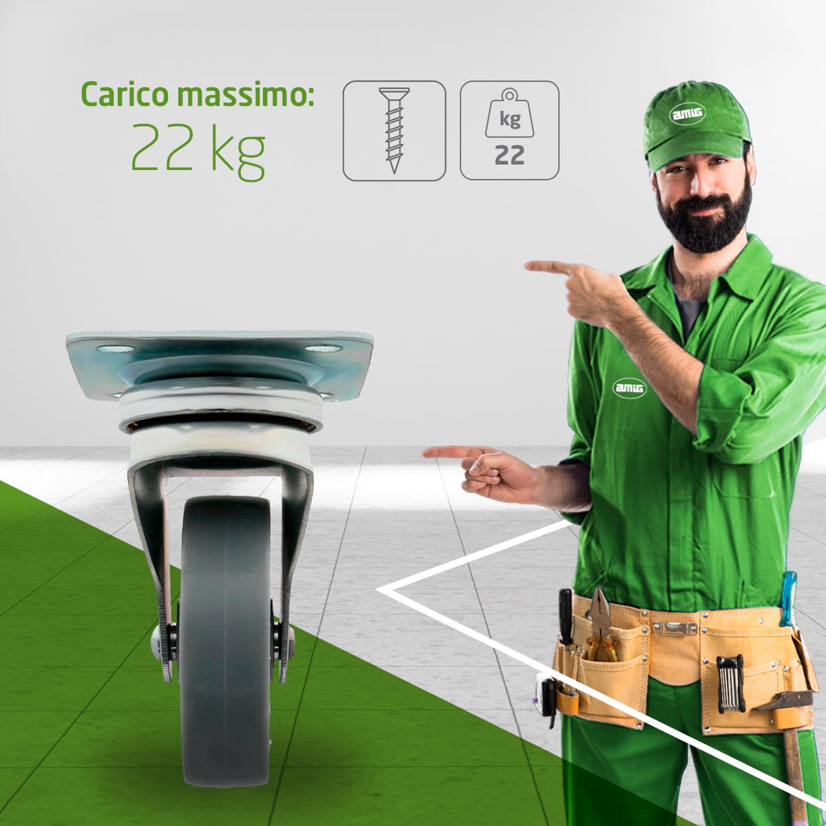 Amig - Pacco di 4 ruote per mobili mod. 2500 con piastra e cuscinetti. Misura: diametro 40 mm. Carico massimo per ruota: 22 kg. Realizzate in nylon, colore grigio, senza freno.