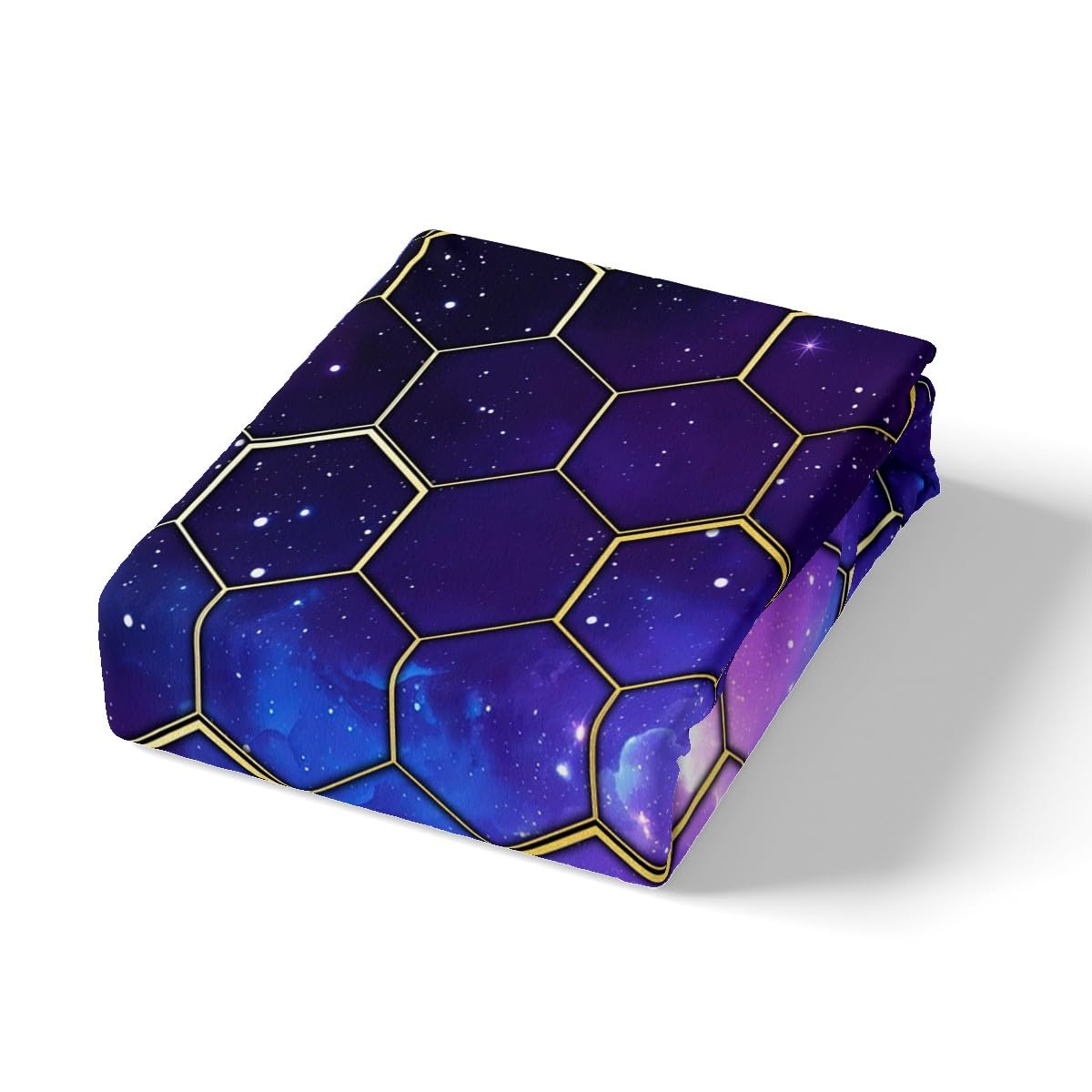Manfei Galaxy Waben-Bettwäsche-Set, volle Größe, geometrischer Sechseck-Druck, blau-violetter Sternenhimmel, 4-teilig, mit Spannbetttuch + Bettlaken + 2 Kissenbezügen, Kinderzimmerdekoration für