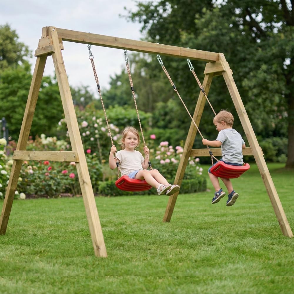Altalena in Legno Maxplay Swing con Doppia Seduta da Giardino – Altalena Bambini da Esterno, Struttura in Legno Impregnato in Autoclave, Resistente per Uso Privato, Giochi da Giardino 3-10 Anni